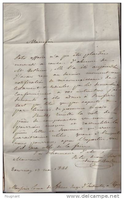 BELGIQUE : 1844:Précurseur:TOURNAY Pour YPRES.Cachets Tournay Et Ypres Double Cercle Rouge.Avec Texte. - 1830-1849 (Independent Belgium)