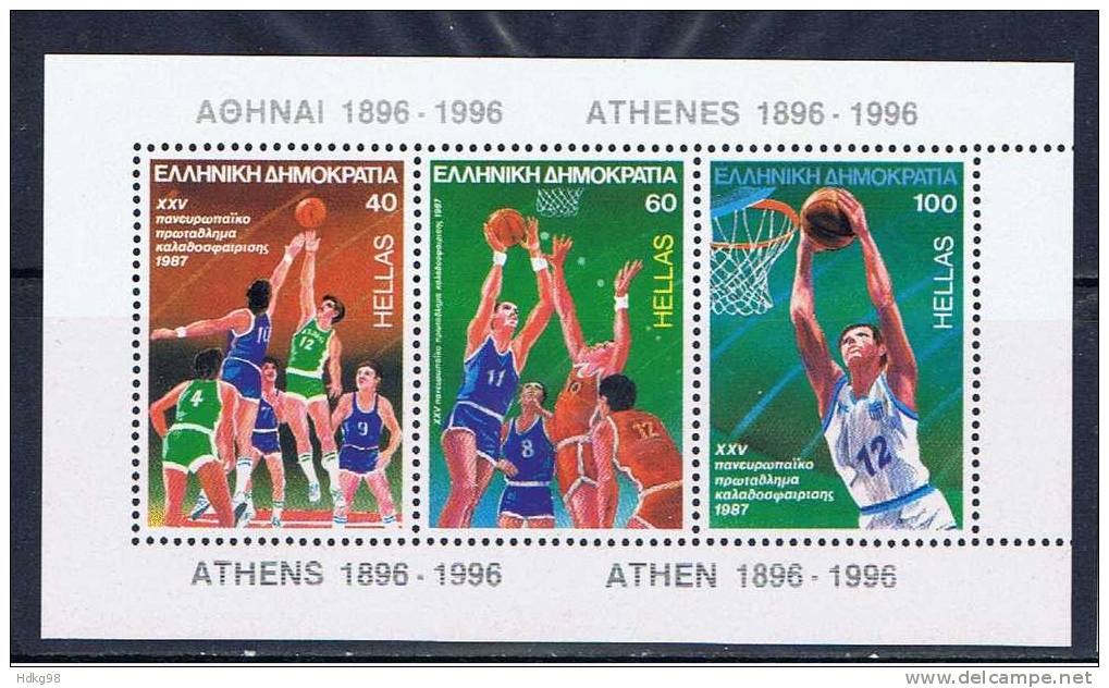 GR Griechenland 1987 Mi Bl. 6 - 1660-62 Mnh Basketball-Europameisterschaft - Unused Stamps