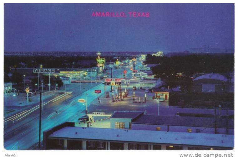 Amarillo Texas, Route 66 Night Scene, Business District, Autos Gas Station, On C1950s Vintage Postcard - Route '66'