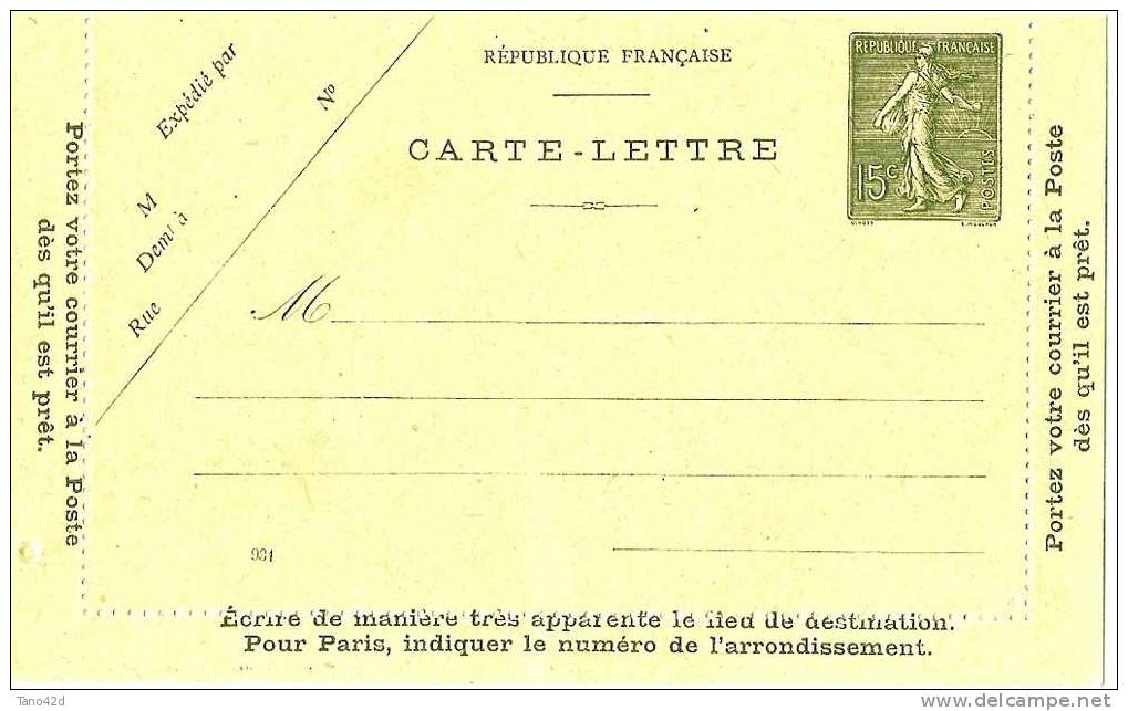 FRANCE - EP CARTE LETTRE SEMEUSE LIGNEE 15c INSCRIPTIONS SUR 3 MARGES DATE 831 NEUVE - Cartes-lettres