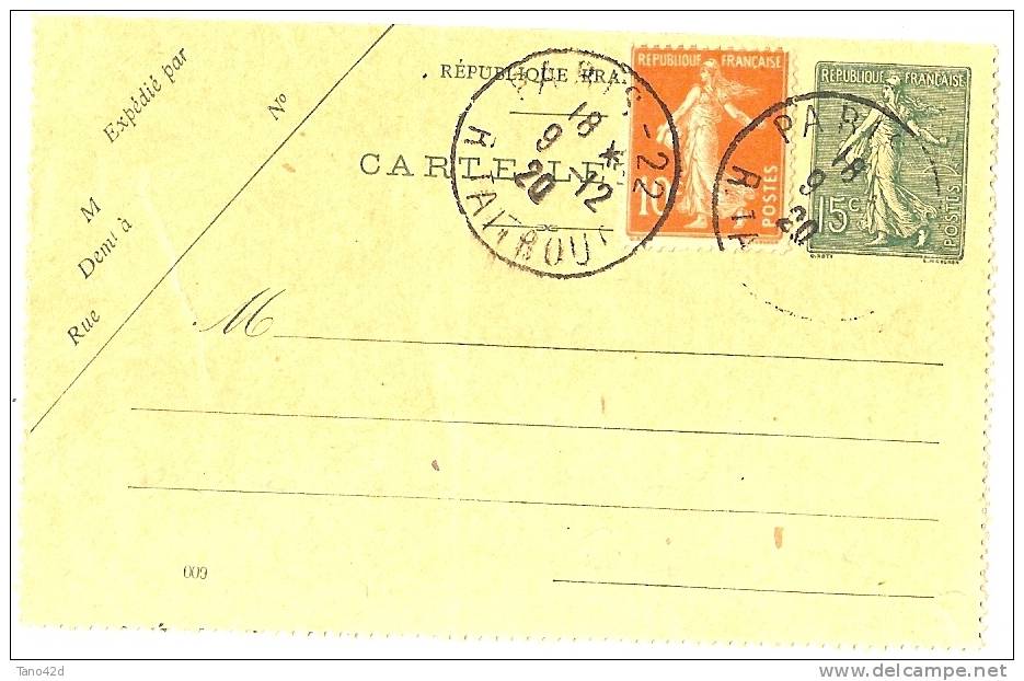 FRANCE - EP CARTE LETTRE SEMEUSE LIGNEE 15c TYPE V DATE 009 VOYAGEE PARIS DECEMBRE 1920 - Letter Cards