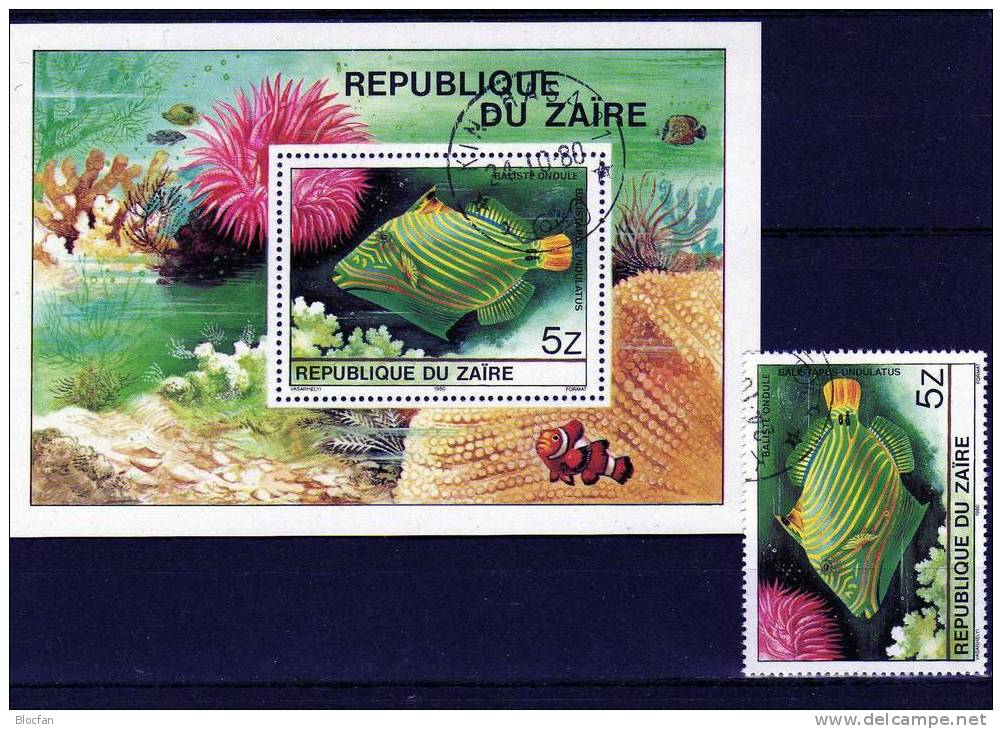 WWF Nationaler Naturschutz 1980 Tropische Fische Kongo Zaire 672+Block 38 O 10€ Balistapus Undulatus Fish Bloc Bf Africa - Oblitérés