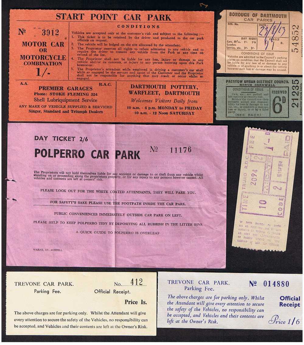 RB 558 -  Large Quantity Of  Pre 1971 GB Car Park & Tramway Tickets - Cornwall - Devon - Crich - Eintrittskarten