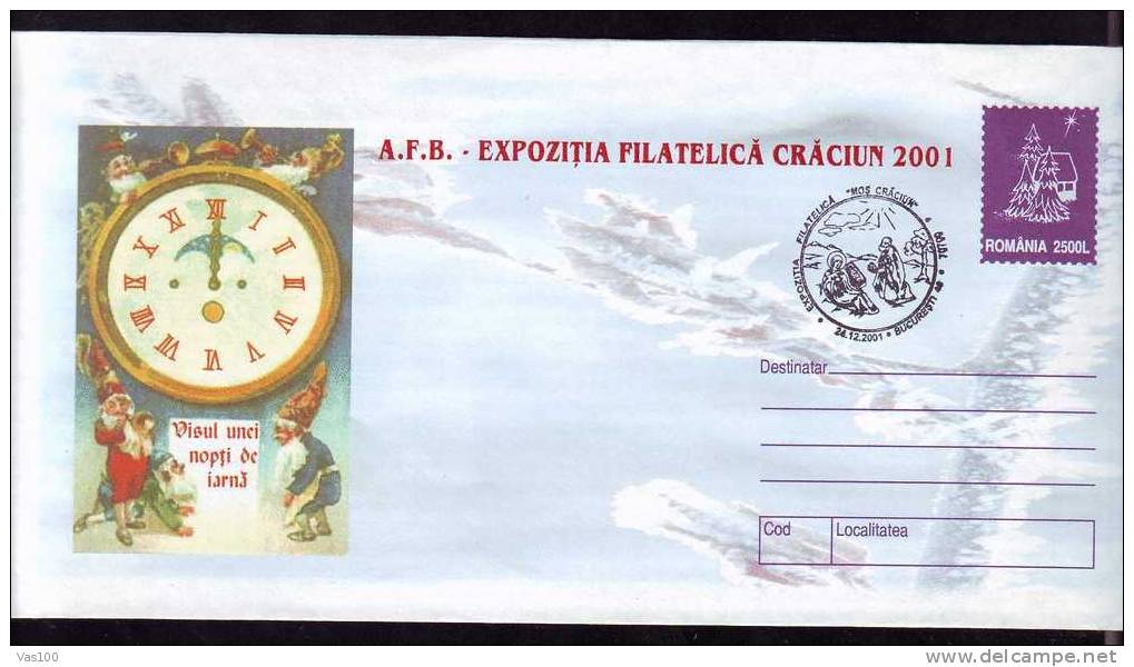 Romania  2001  New CHRISTMAS NOUVEL AN  ENTEIRE POSTAL COVER Cod.2002/2001. - Horloges