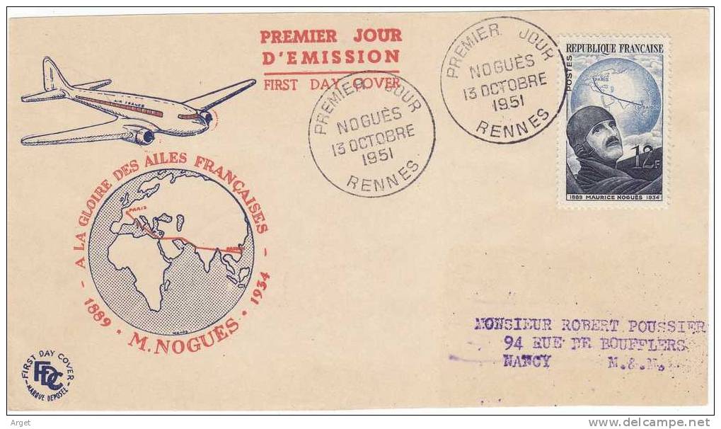 FDC FRANCE  N° Yvert  907 (Noguès) Obl 1er Jour  (devant D´enveloppe) - 1950-1959