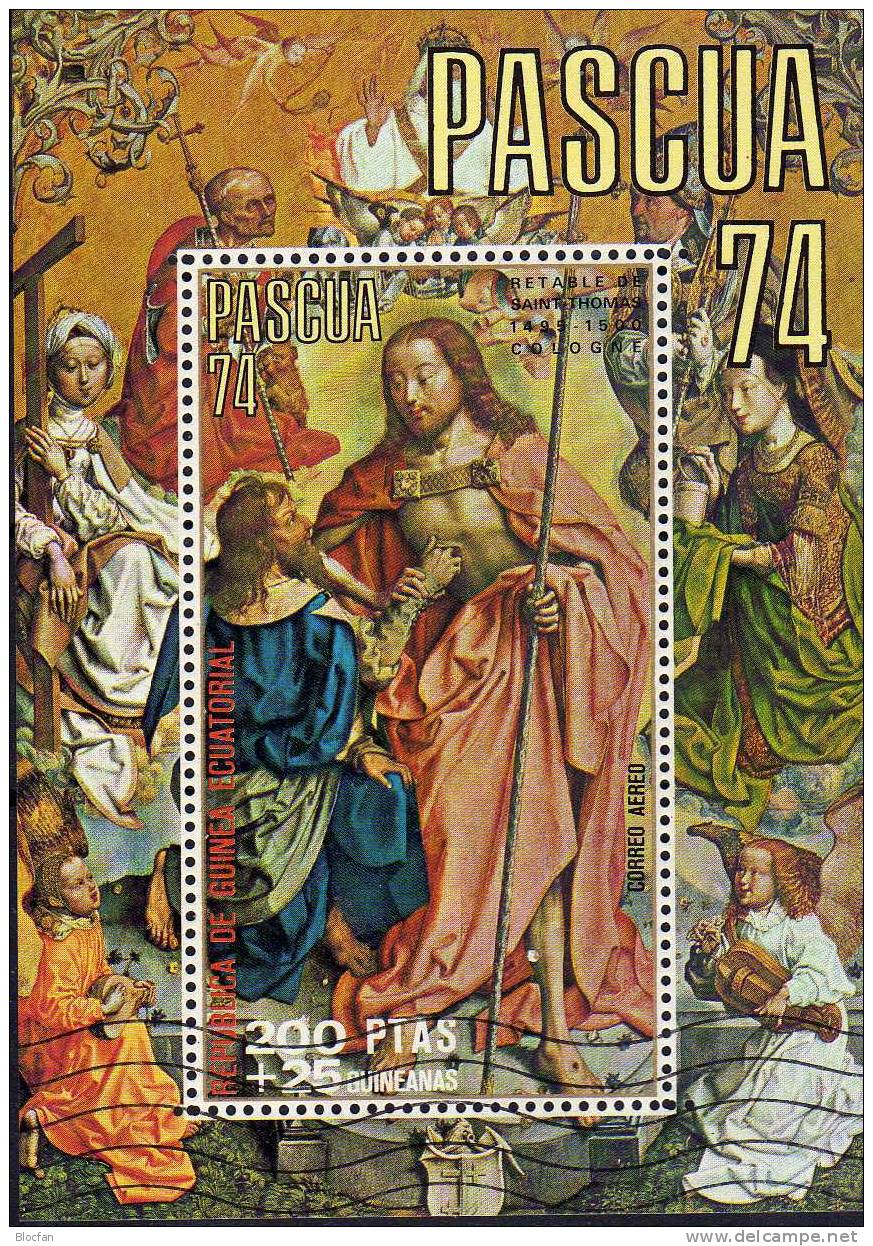 Ostern 1974 Gemälde Äquator. Guinea 354A/B, Block 97 Plus 98 O 8€ Altarbild Von Köln, Deckenbild In Parma - Pasqua