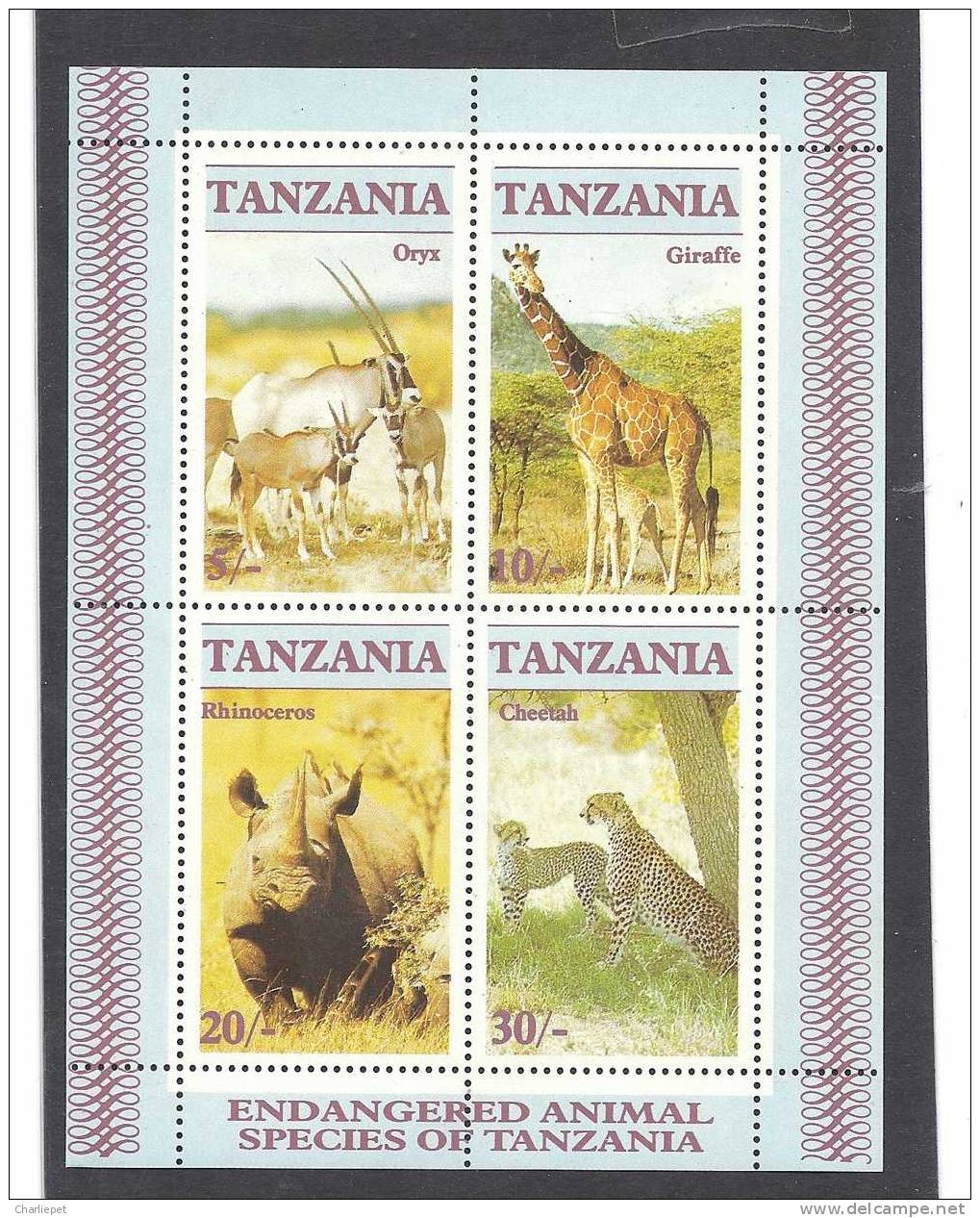 Tanzania Scott # 322a Endangered Animal Species Souvenir Sheet Of 4 - Giraffe