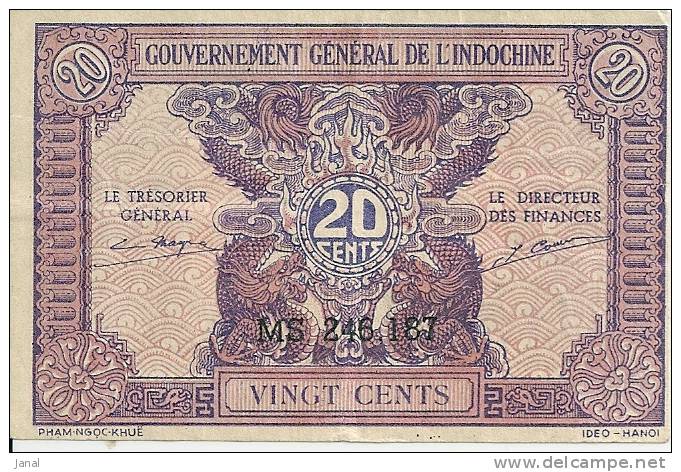 -  INDOCHINE - GOUVERNEMENT GENERAL DE L'INDOCHINE - VINGT CENTS - M S 246 187 - - Indochine