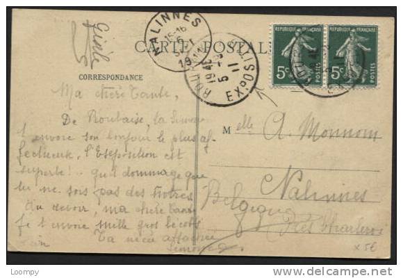 Semeuse 5c(2) Obl. ROUBAIX EXPOSITION S/carte Postale Vers Nalinnes 1911 - Aushilfsstempel