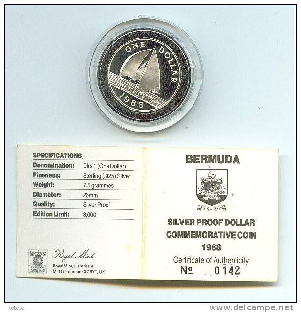 BERMUDA  1 DOLLAR ZILVER PROOF 1988 N°0142 IN ORIGINELE DOOS 3.000 EX. - Bermudas