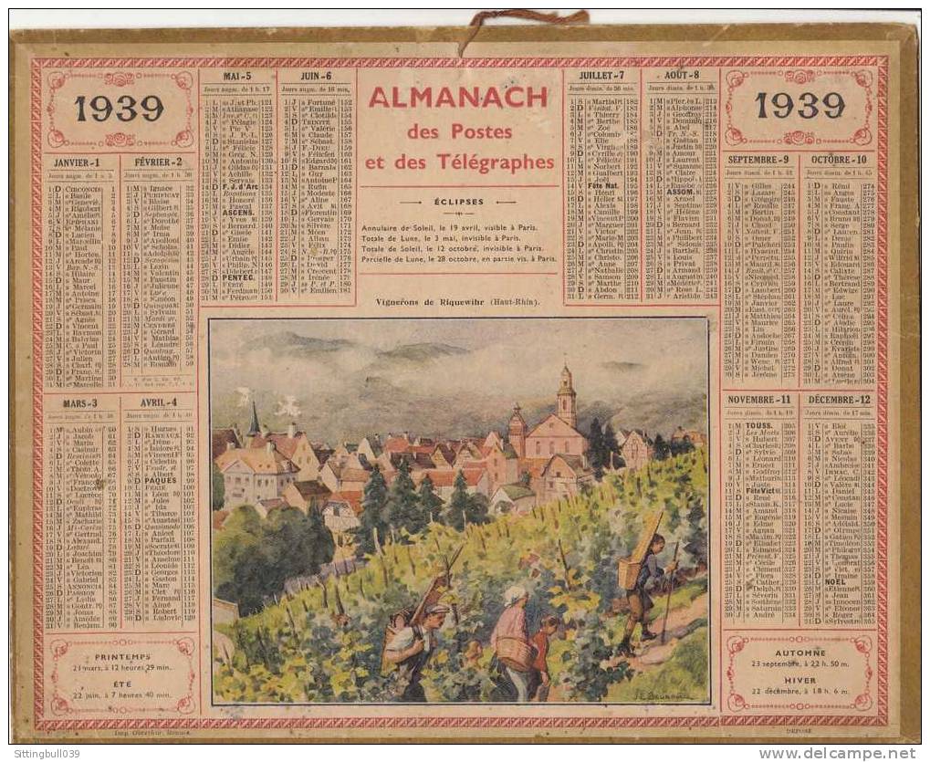 Almanach Des Postes Et Des Télégraphes 1939 (Seine Et Oise). Vignerons De Riquewihr (Haut-Rhin) Par BEUZON. Oberthur. - Big : 1921-40