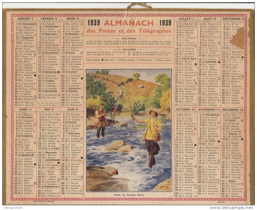 Almanach Des Postes Et Des Télégraphes 1939 (Seine Et Oise). Pêche Au Poisson Blanc Illustré Par BEUZON. Oberthur. - Big : 1921-40
