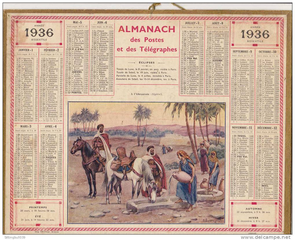 Almanach Des Postes Et Des Télégraphes 1936 (Seine Et Oise). A L'Abreuvoir (Algérie) Illustré Par BEUZON. Oberthur. - Grand Format : 1921-40