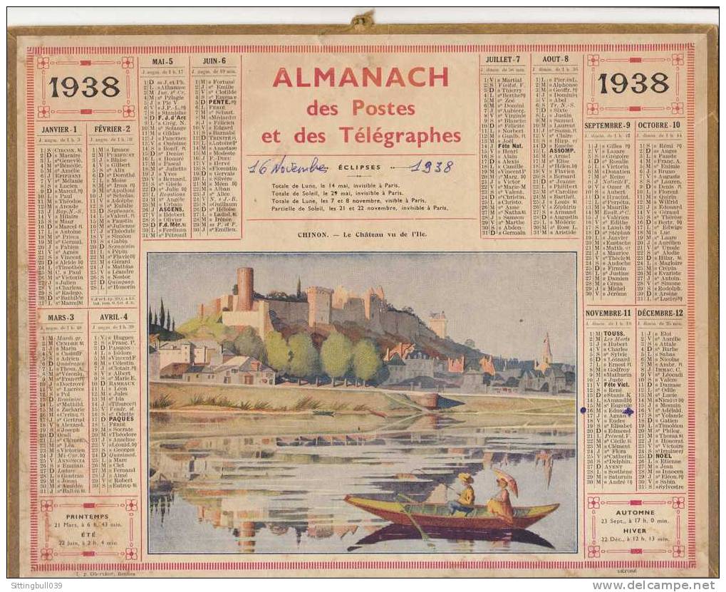 Almanach Des Postes Et Des Télégraphes 1938 (Seine Et Oise) Chinon. Le Château Vu De L'île. Eclipse Du 16 Nov. Oberthur. - Grossformat : 1921-40