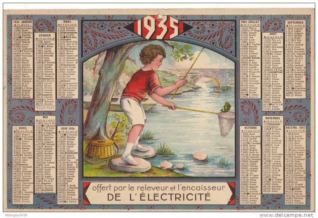 1935. Calendrier Offert Par Le Releveur Et L'Encaisseur De L'Electricité. Illustration : Le Jeune Pêcheur à La Carpe. - Grand Format : 1921-40