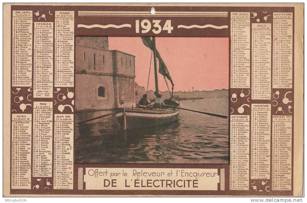 1934. Calendrier Offert Par Le Releveur Et L´Encaisseur De L´Electricité. Illustration : Retour De Pêche. - Big : 1921-40