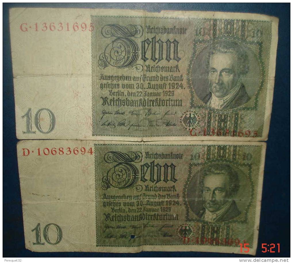 10Reichbanknote.2 Billets 1929,etat Moyen - 10 Mark