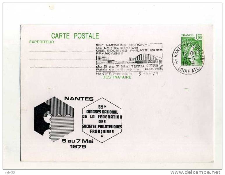 - FRANCE . CP REPIQUAGE ENTIER SABINE DE GANDON . CONGRES NATIONAL DE LA FEDERATION DES SOCIETES PHILATELIQUES FRANC1979 - Postales  Transplantadas (antes 1995)