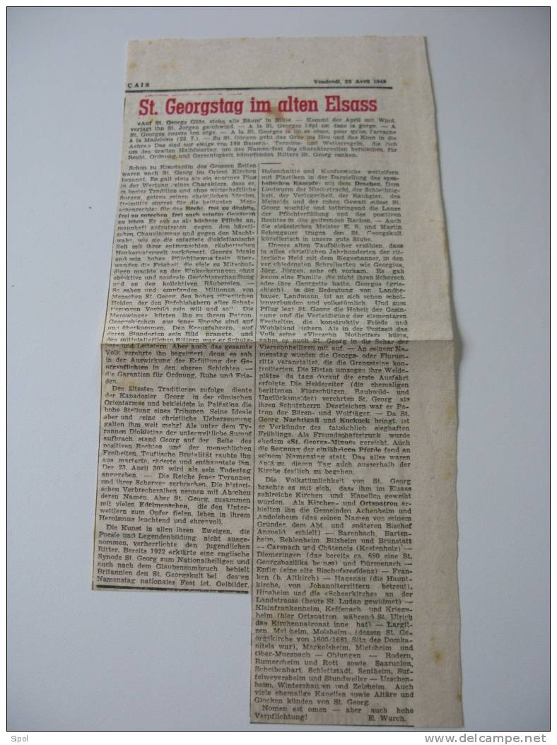 Nouveau Rhin Français Du 28/4/1948 Article  Signé E.Wurch :St Georgstag Im Alten Elsass - Christentum