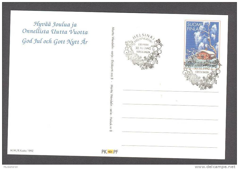 Finland Ganzsache Postal Stationery Entier FDC Card 1992 Weihnachten Christmas Jul Noel Navidad No. 8 - FDC