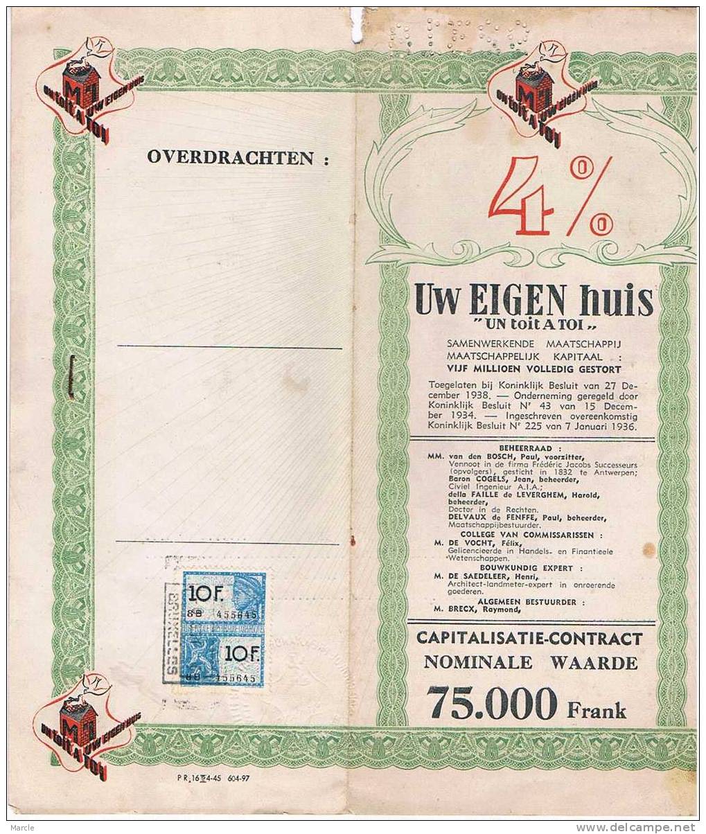 Uw Eigen Huis - Un Toit A Toi  Takszegel 10 F  1945 - Documentos