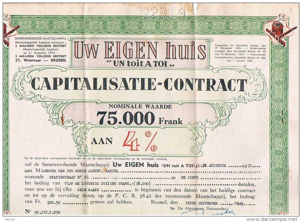 Uw Eigen Huis - Un Toit A Toi  Takszegel 10 F  1945 - Dokumente