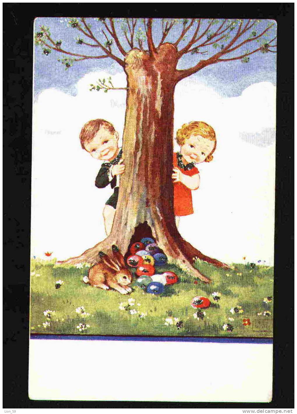 Illustrator JOHN WILLS - Easter - RABBIT W EGG  YOUNG BOY GIRL Series - 7540/4 SSWB Pc 27153 - Wills, John