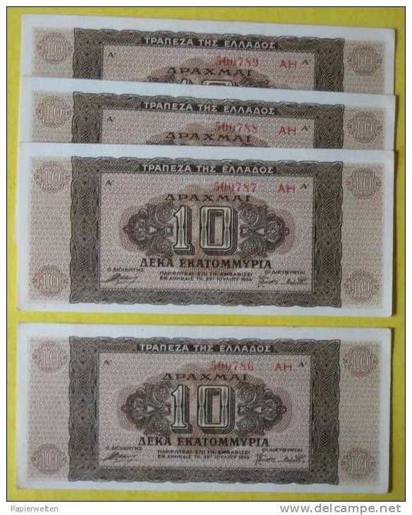 10000000 Drachmai 29.7.1944 (WPM 129b) 4 Subsequent Serial Numbers - Grèce