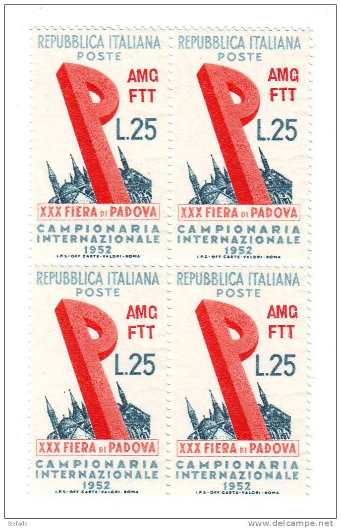 TRIESTE A  1952 FIERA DI PADOVA CAT.SASS. N°151   QUARTINA   MNH** - Neufs