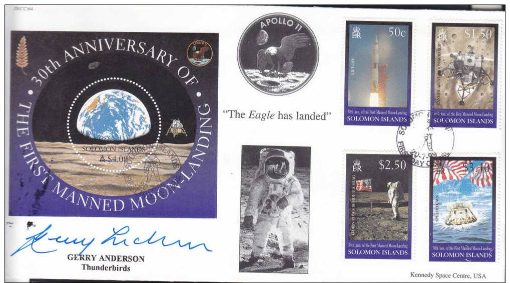 Space - Solomons  1999 Moon Anniversray Set Of 4 On Fdc,signed Gerry Anderson ( Thunderbirds) Special Item - Oceania