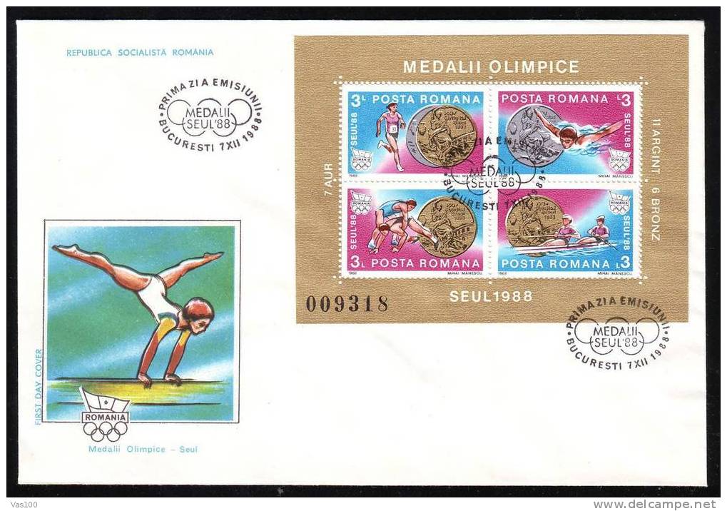 ROMANIA FDC 2x Covers Olympic Games Seoul 1988, Blocks Medals. - Zomer 1988: Seoel