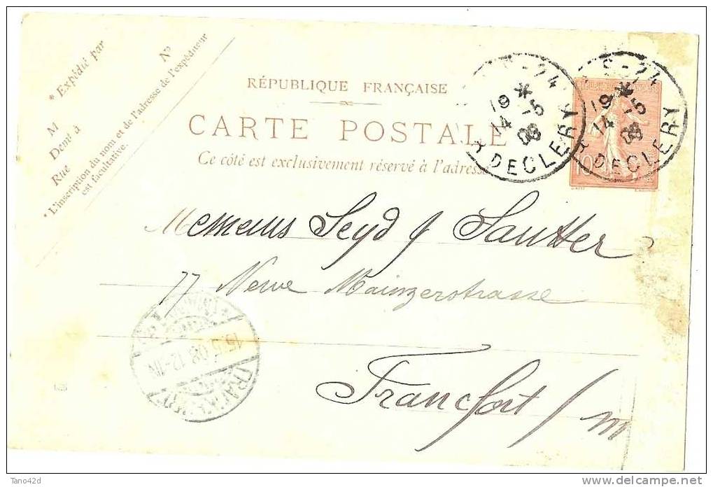 FRANCE - EP CARTE POSTALE TYPE SEMEUSE LIGNEE 10c DATE 626 REPIQUAGE COMMERCIAL VveFRANCOIS VOYAGEE MAI 1908 - Overprinter Postcards (before 1995)