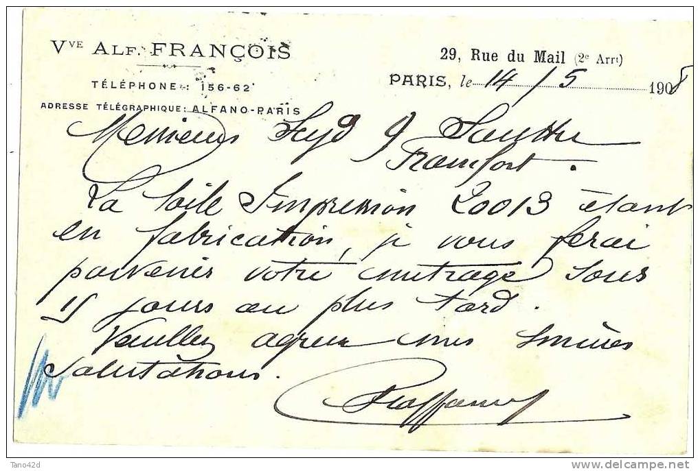 FRANCE - EP CARTE POSTALE TYPE SEMEUSE LIGNEE 10c DATE 626 REPIQUAGE COMMERCIAL VveFRANCOIS VOYAGEE MAI 1908 - Overprinter Postcards (before 1995)