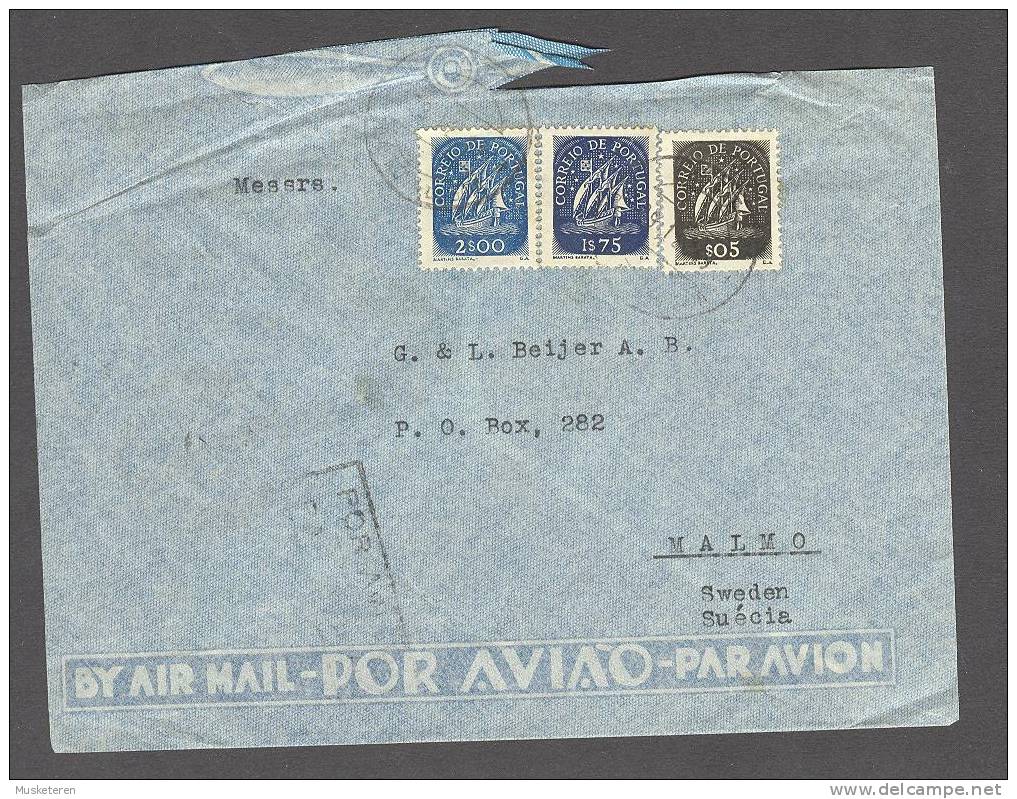 Portugal "AGA" Airmail Por Aviao Lisboa Cancel Cover 1949 To Sweden Karavelle (2 Scans) - Covers & Documents