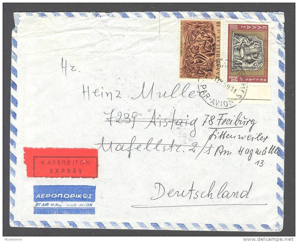Greece Airmail Par Avion EXPRES Label Readressed AIGALEO Canc. Cover 1969 To Germany Interesting Cancels (2scans) - Lettres & Documents