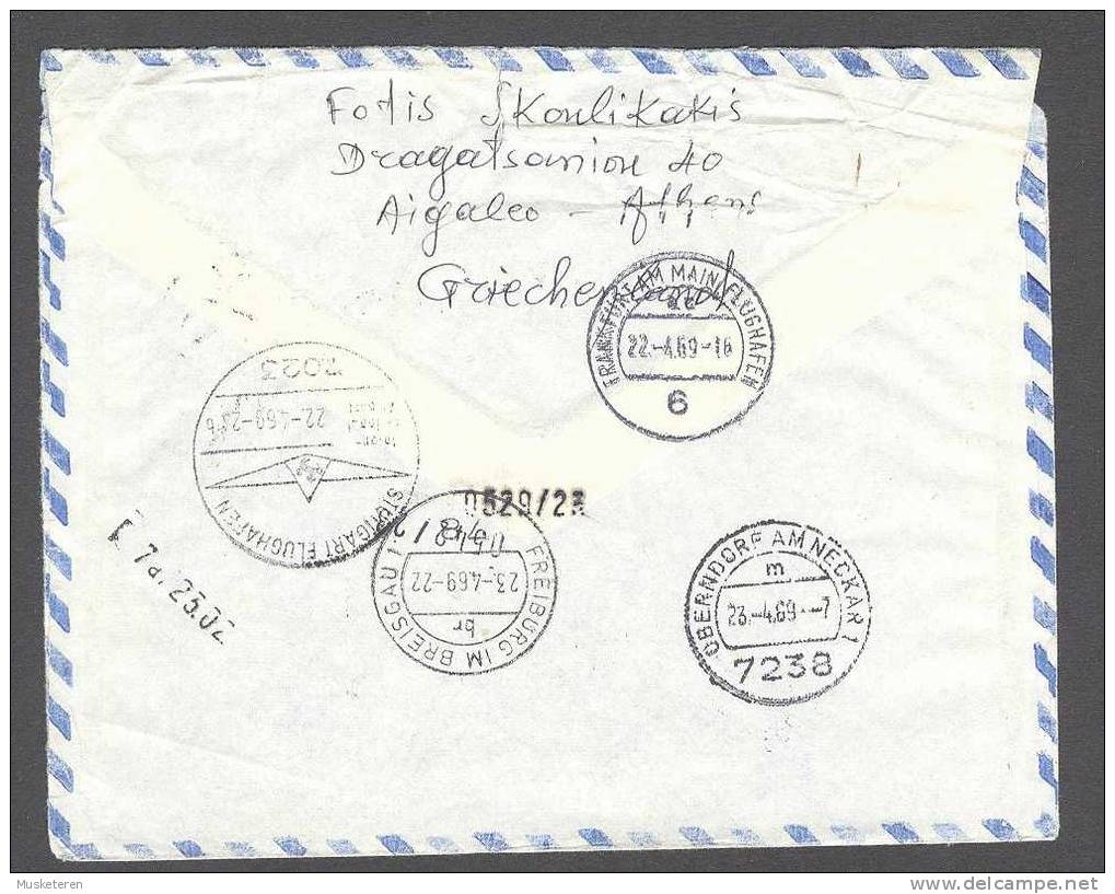 Greece Airmail Par Avion EXPRES Label Readressed AIGALEO Canc. Cover 1969 To Germany Interesting Cancels (2scans) - Briefe U. Dokumente