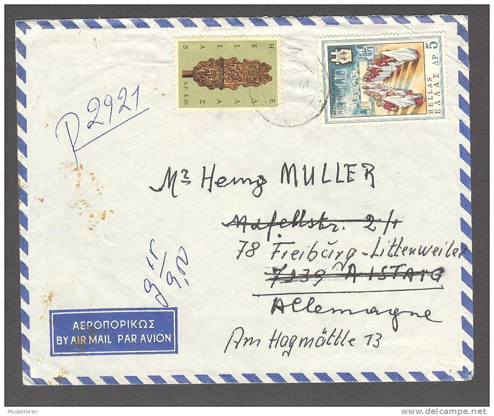 Greece Airmail Par Avion Registered Readressed ATHENS Canc. Cover 1969 To Germany Interesting Purple Cancel (2scans) - Briefe U. Dokumente