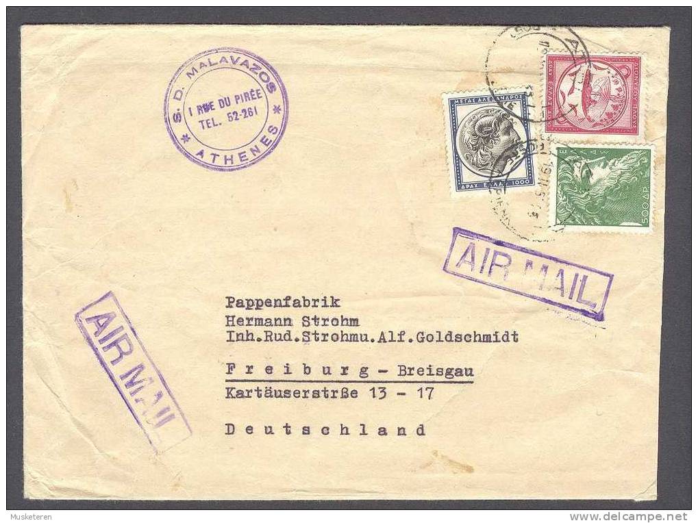 Greece S.D. MALAVAZOS Airmail Par Avion Purple Line Cancels Cover To Germany Interesting Cancels (2scans) - Lettres & Documents