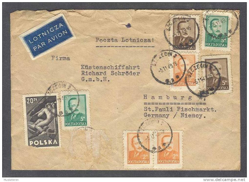 Poland Airmail LOTNICZA Par Avion Label SZCZECIN 1949 To Germany Mult Franked (2 Scans) - Airplanes