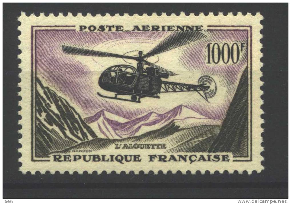 France - Frankreich 1958 Helicopter 1000 Fr MNH, Disturbed Gum Near Bottom Right; Michel # 1177 - 1927-1959 Nuevos