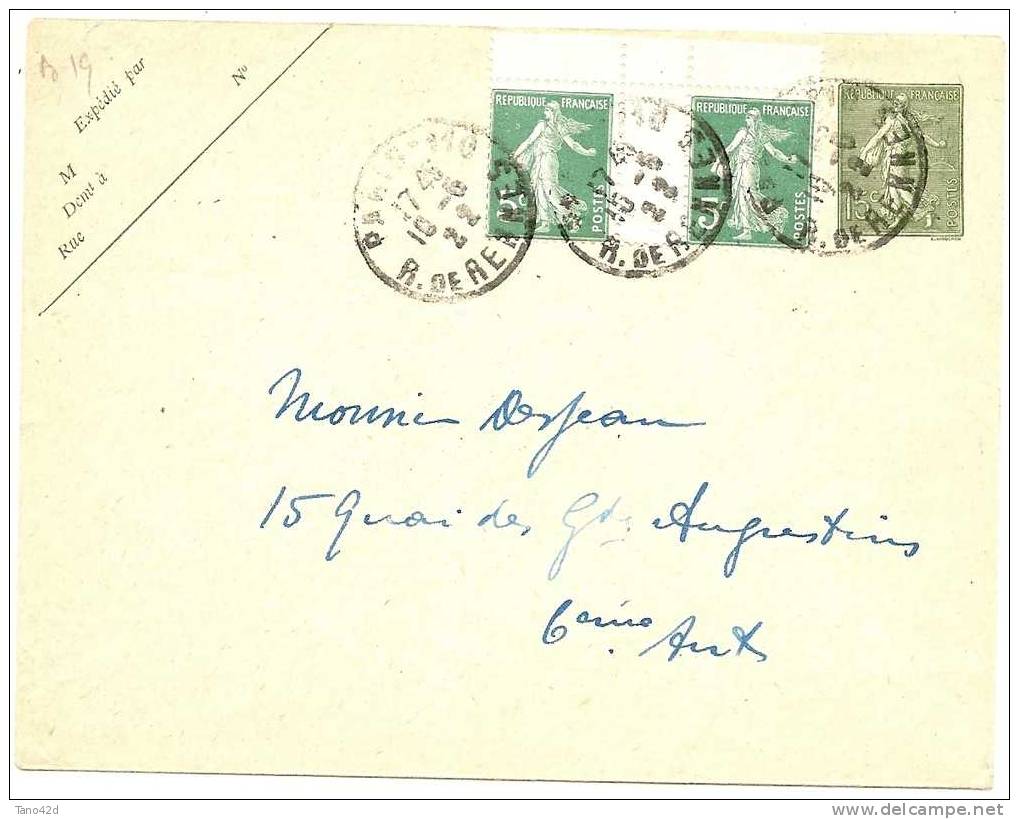 FRANCE - EP ENVELOPPE SEMEUSE LIGNEE 15c DATE 937 + PAIRE DE CARNET SEMEUSE CAMEE 5c VOYAGE MAI 1922 - Enveloppes Types Et TSC (avant 1995)