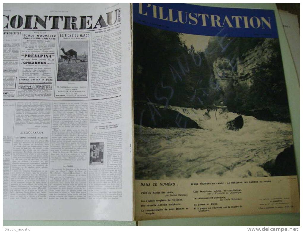 L'illustration  3 Septembre 1938 :En Canoë Sur Les Rapides Du DOUBS ; Costume +++ ; Station Lacustre (haute-savoie - L'Illustration
