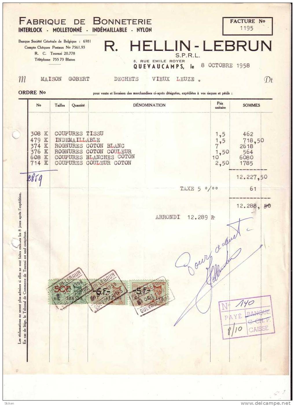 QUEVAUCAMPS R HELLIN LEBRUN  Fabrique De Bonneterie Interlock Molletonné Indemaillable Nylon        8.10.1958 - Autres & Non Classés