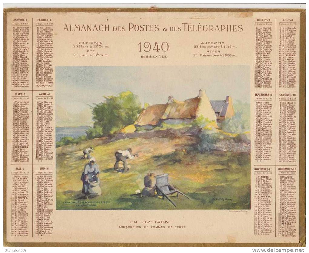 Almanach Des Postes Et Des Télégraphes. Calendrier 1940 (78). En Bretagne, Arracheurs De Pommes De Terre. Oberthur. - Grand Format : 1901-20