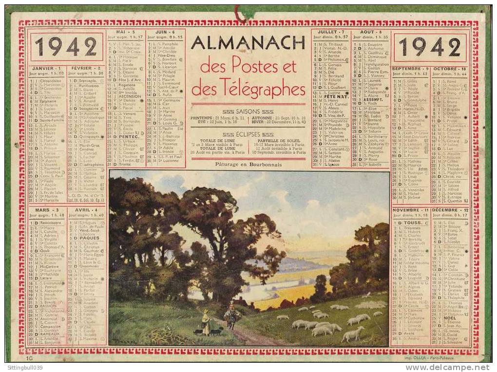 Almanach Des Postes Et Des Télégraphes. Calendrier 1942. Pâturage En Bourbonnais. Imp. OLLER. - Formato Grande : 1941-60