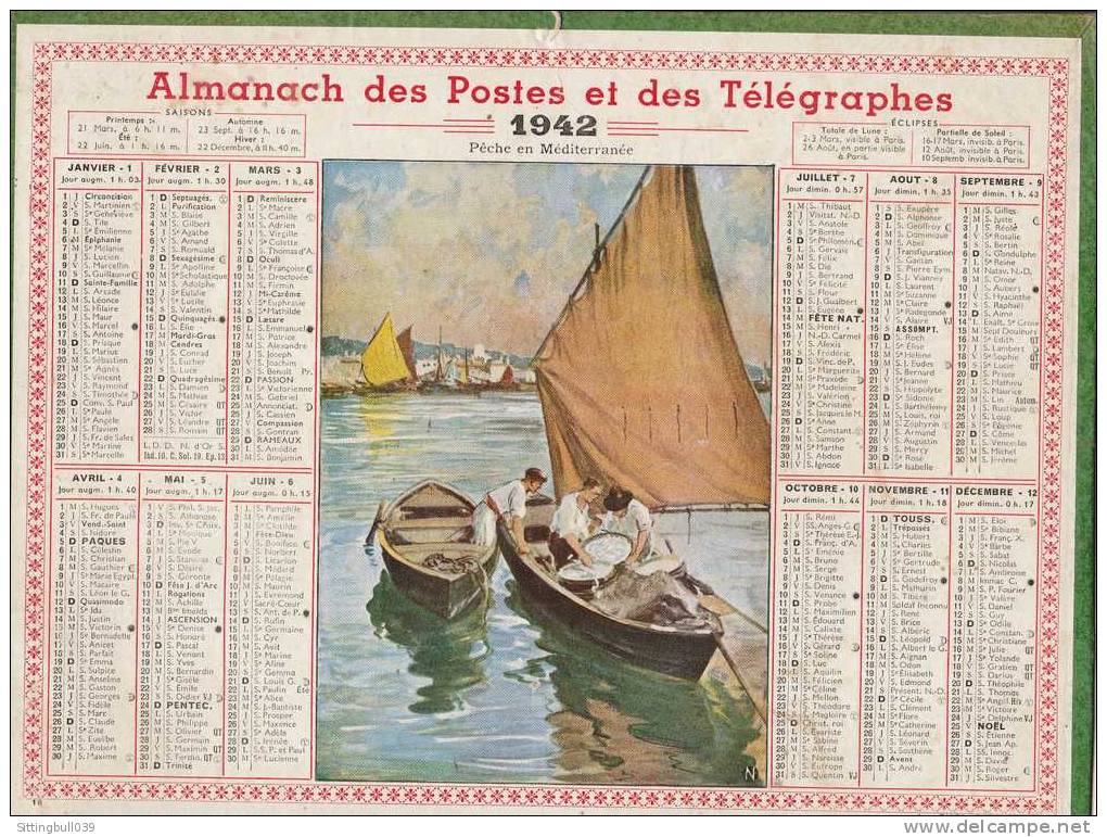 Almanach Des Postes Et Des Télégraphes. Calendrier 1942 (83). Pêche En Méditerranée. Imp. OLLER. Complet. - Tamaño Grande : 1941-60