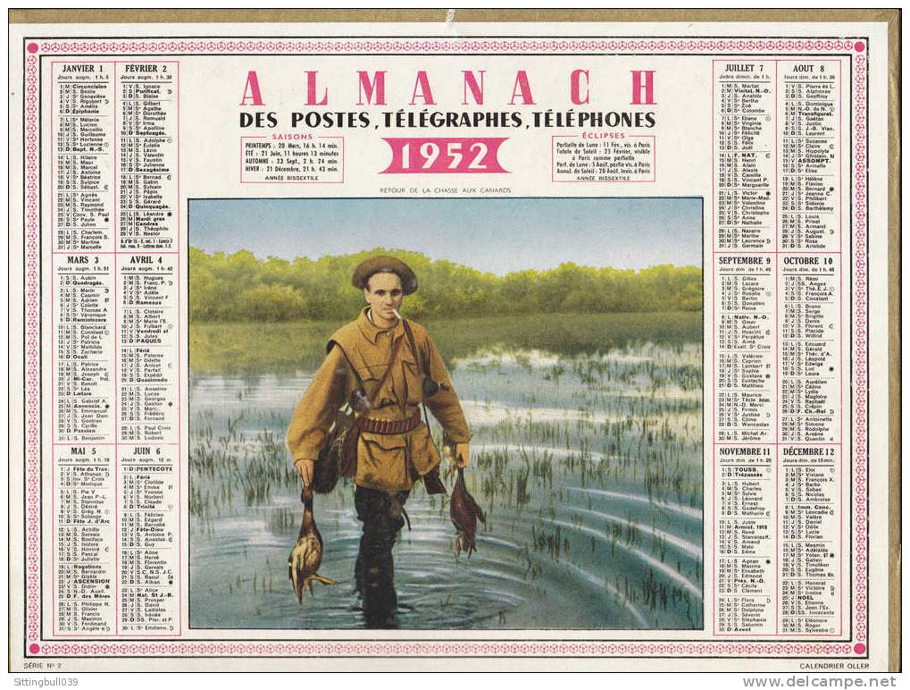 Almanach Des PTT. Calendrier 1952 (83). Retour De La Chasse Aux Canards. Imp. OLLER. Complet. - Groot Formaat: 1941-60