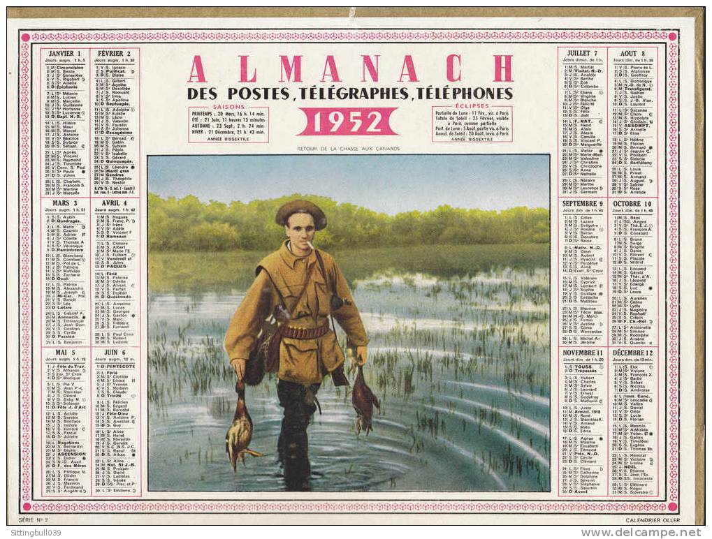 Almanach Des PTT. Calendrier 1952 (83). Retour De La Chasse Aux Canards. Imp. OLLER. Complet. - Tamaño Grande : 1941-60