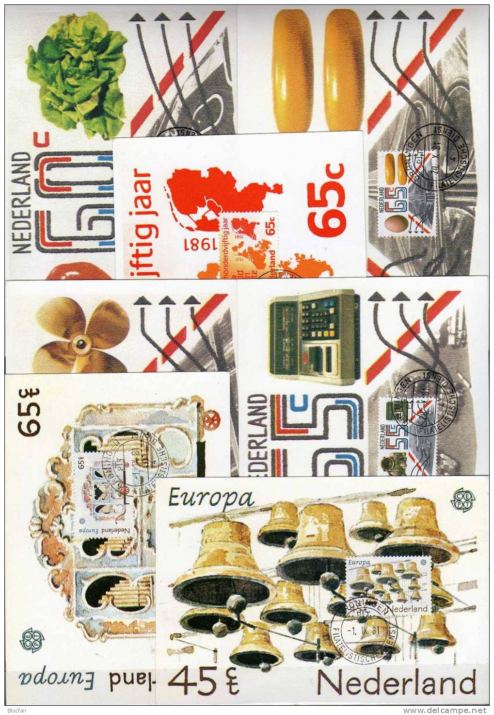 Erste Offiziellen Maximumkarten 1981 Niederlande MKt. 1-7 O 30€ CEPT, Staatsrat, Export Und Transport - Collections