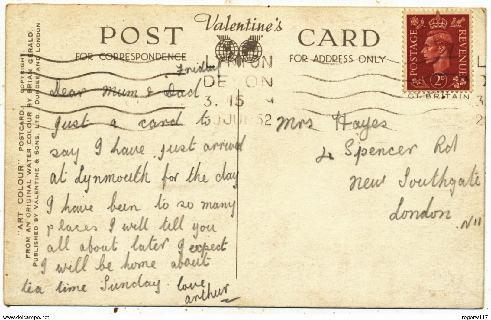 Mars Hill, Lynmouth, Valentine's Art Colour Postcard, 1952 Postcard - Lynmouth & Lynton